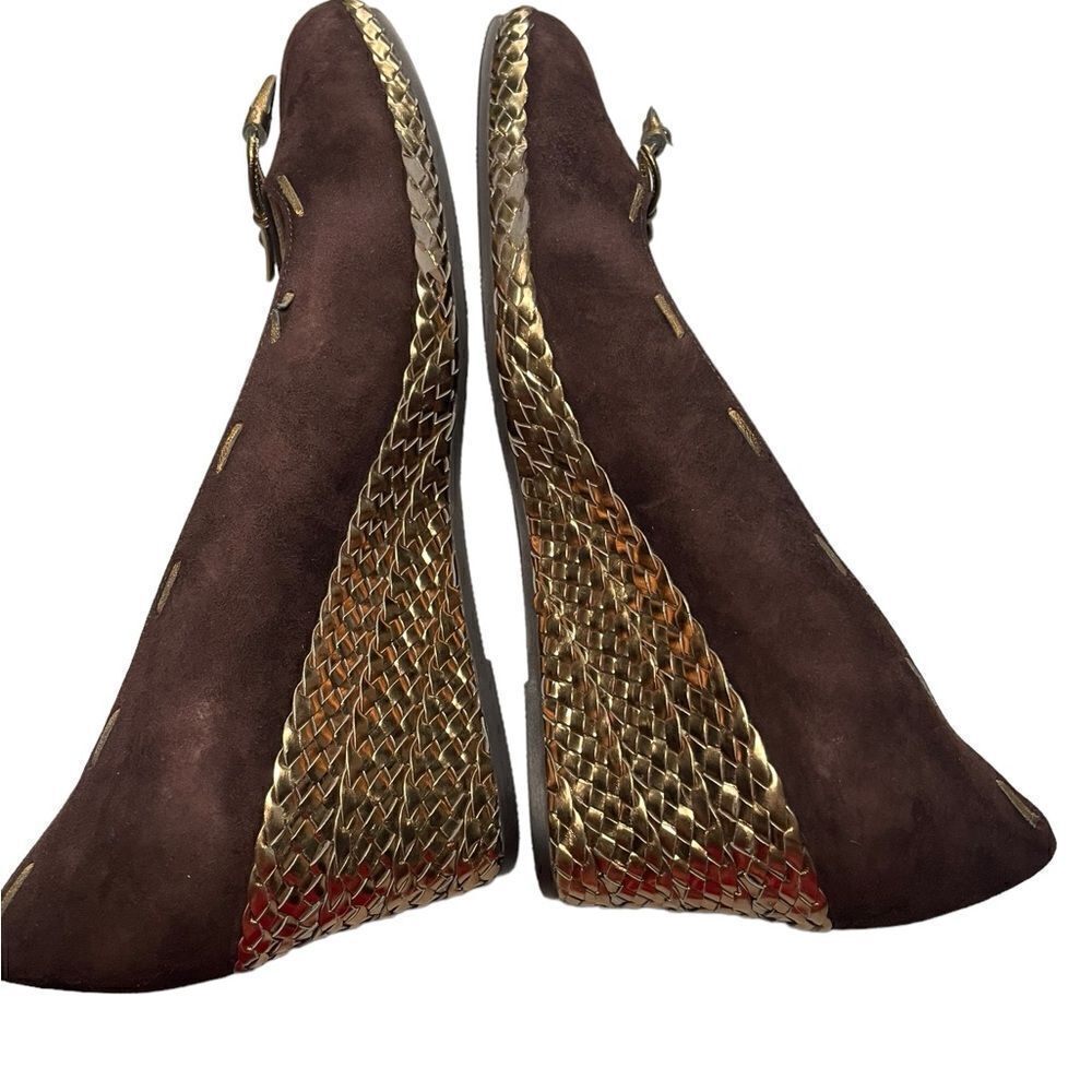 Bruno Magli Chocolate Brown & Gold tassel bows gold braided wedge heels Size 10